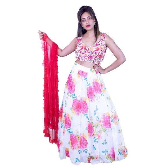 Floral printed lehenga - White and Red - Picture 2 of 4